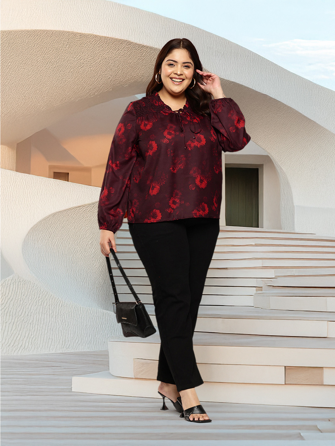 

Sztori Plus Size Printed Tie-Up Neck Puff Sleeve Top, Burgundy