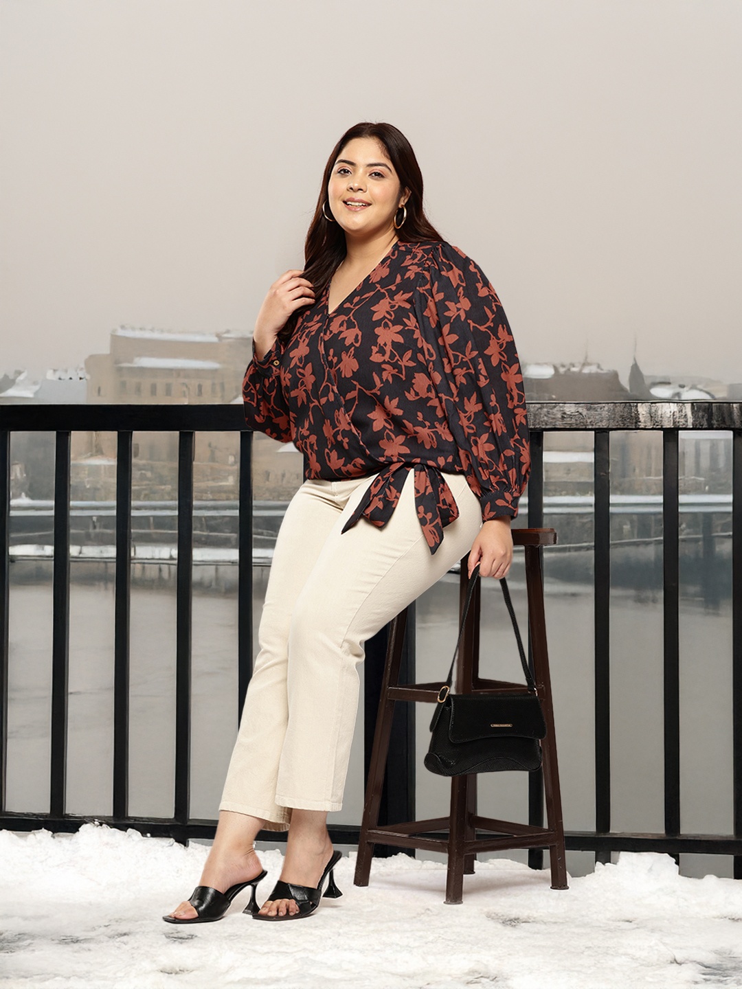 

Sztori Plus Size Floral Print Wrap Top, Black