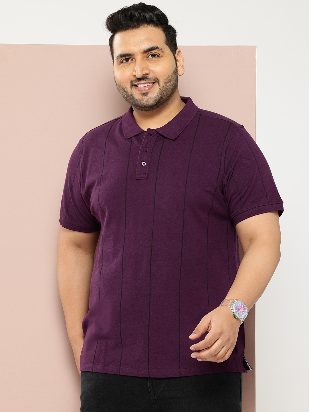 

Sztori Plus Size Striped Polo Collar T-shirt, Burgundy