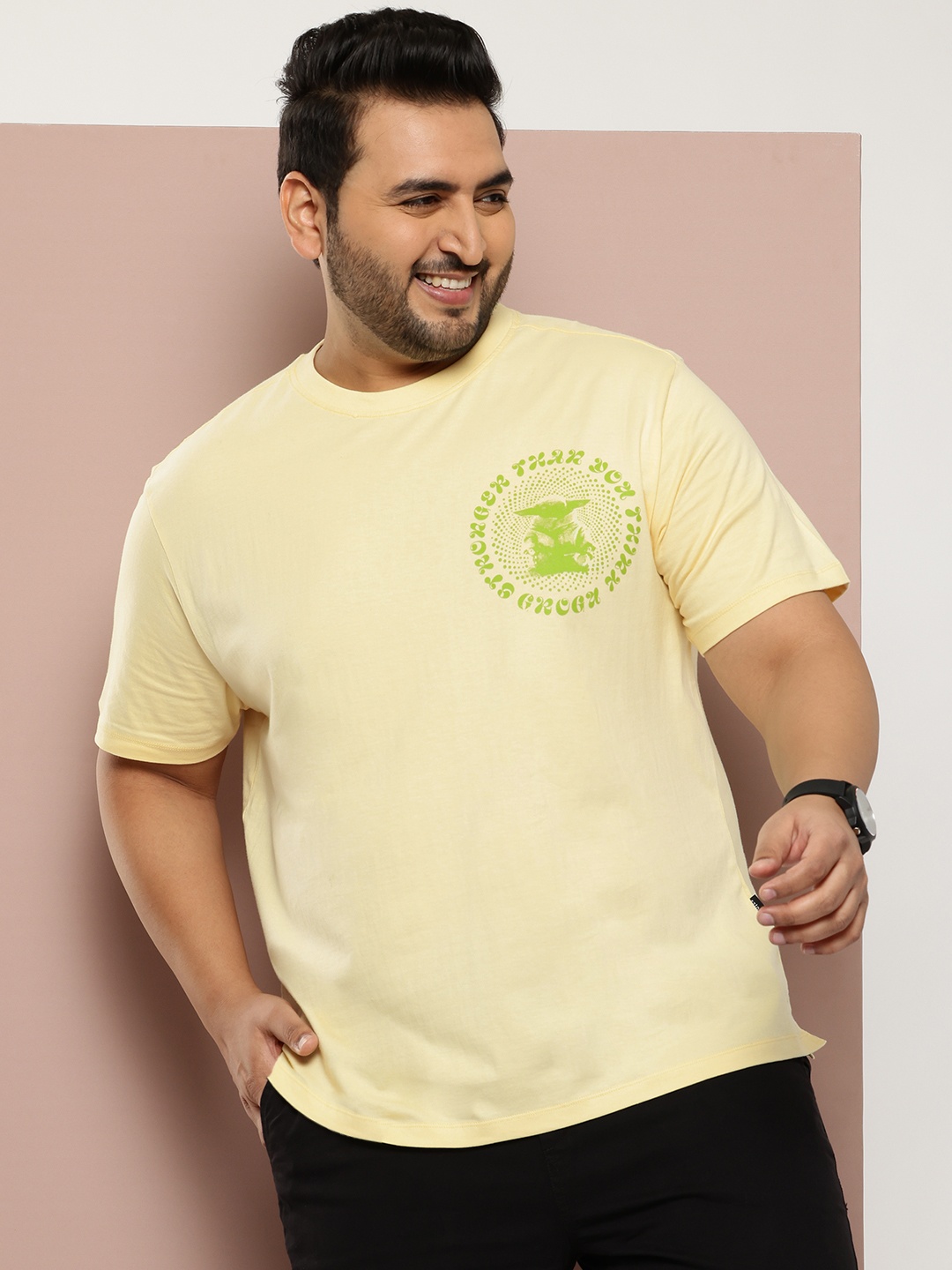 

Sztori Plus Size Typography Printed Pure Cotton T-shirt, Yellow