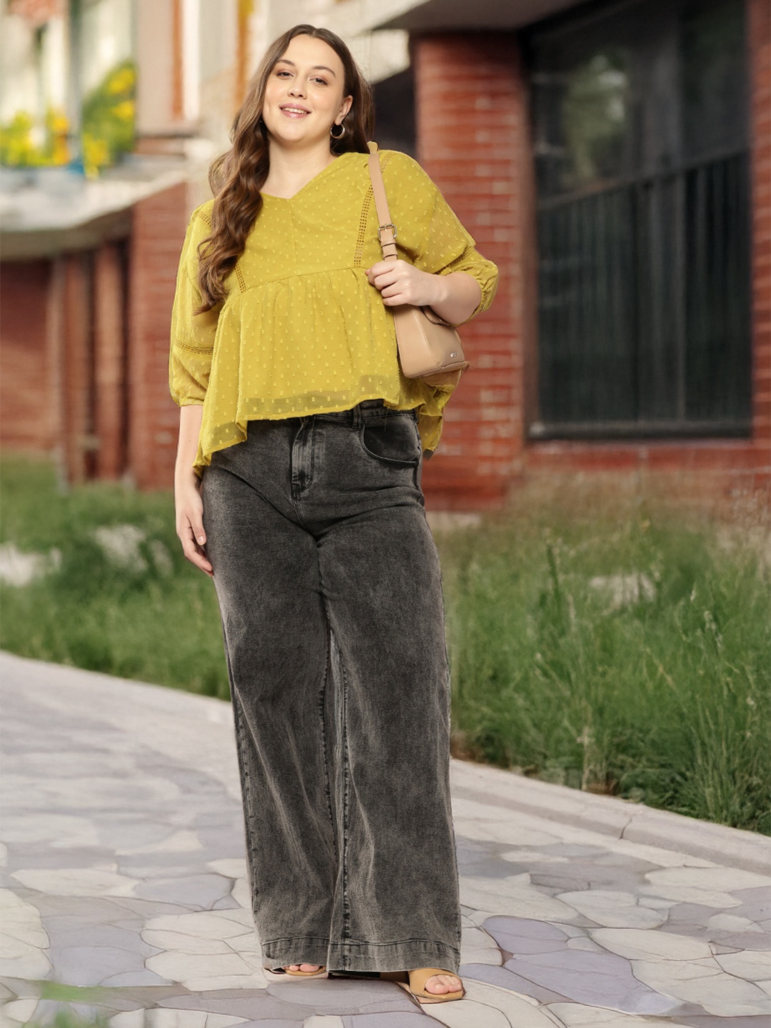

Sztori Plus Size Puff Sleeves Peplum Top, Green