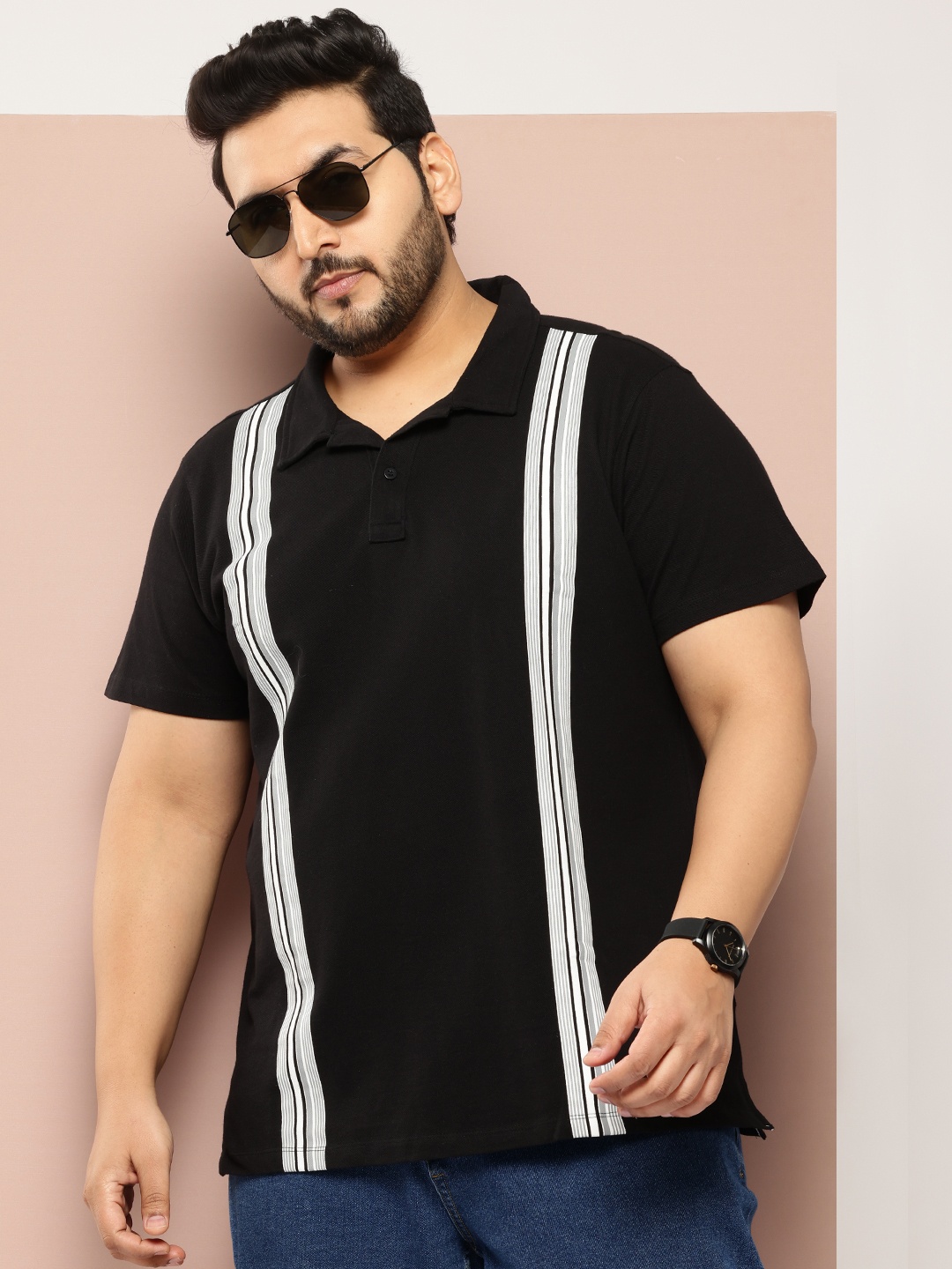 

Sztori Plus Size Striped Polo Collar Pure Cotton T-shirt, Black