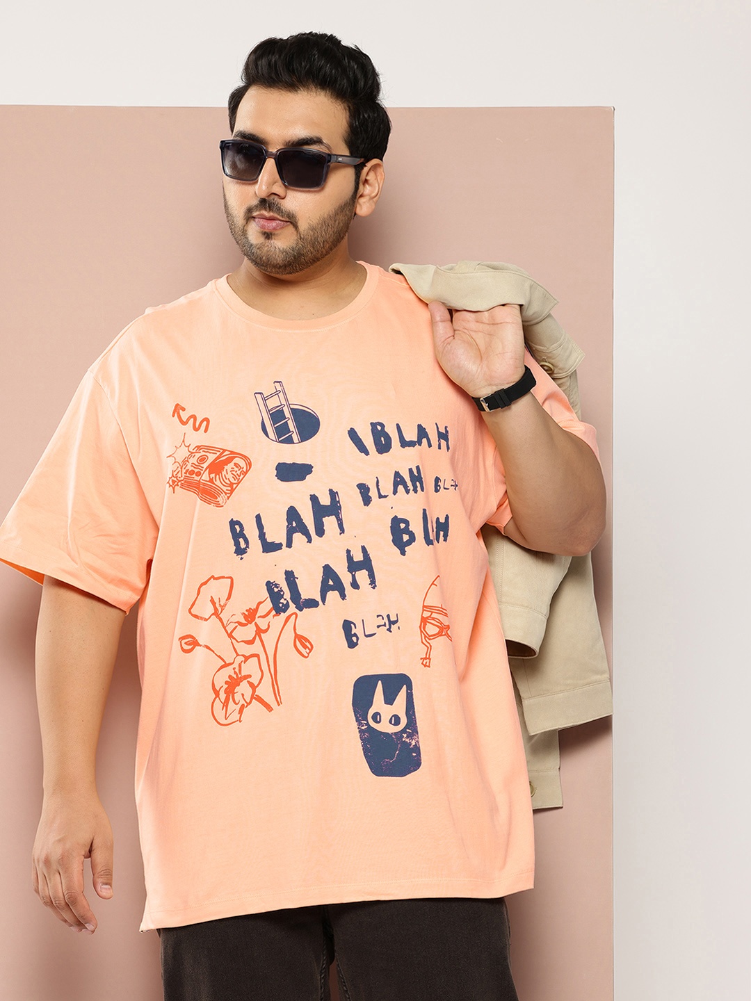 

Sztori Plus Size Typography Printed Pure Cotton T-shirt, Peach
