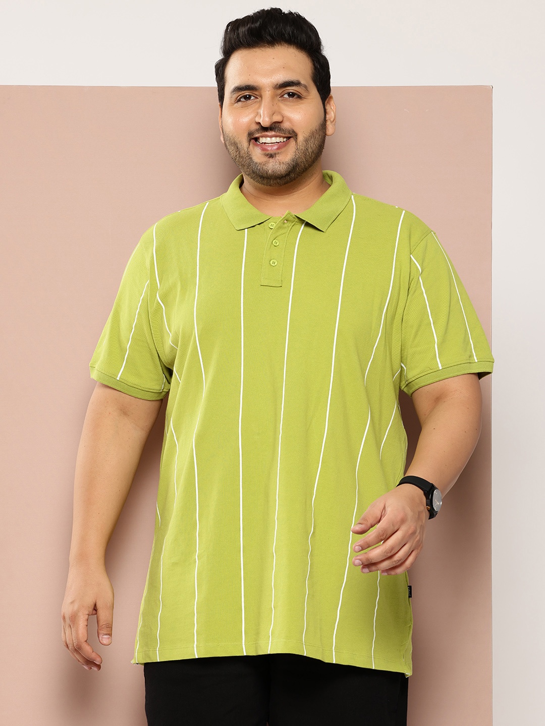 

Sztori Plus Size Striped Polo Collar Pure Cotton T-shirt, Green