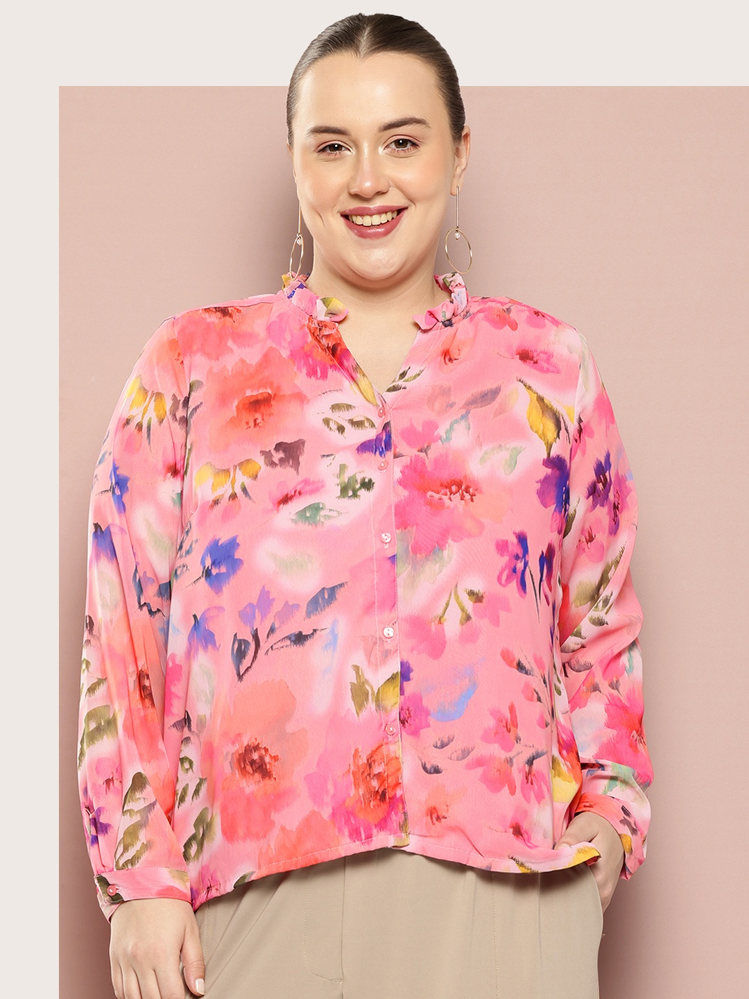 

Sztori Plus-Size Floral Print Shirt Style Top, Pink