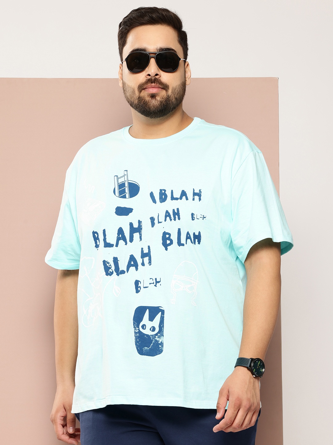 

Sztori Plus Size Printed Pure Cotton T-shirt, Blue