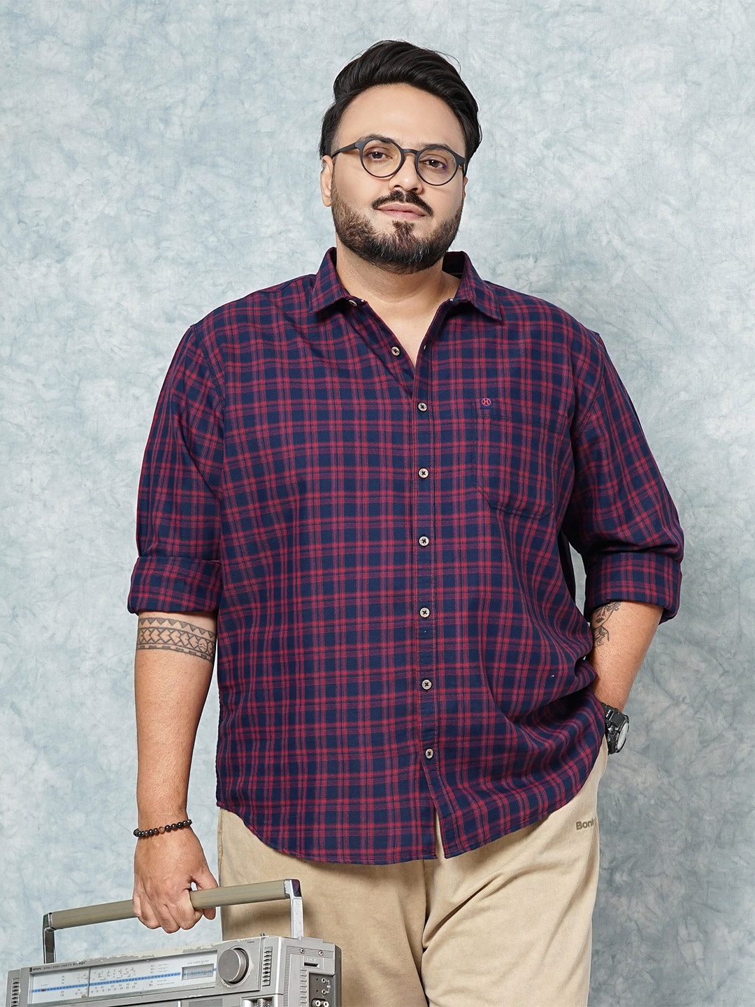 

Hardsoda by The Indian Garage Co Plus Size Checked Spread Collar Long Sleeves Casual Shirt, Navy blue