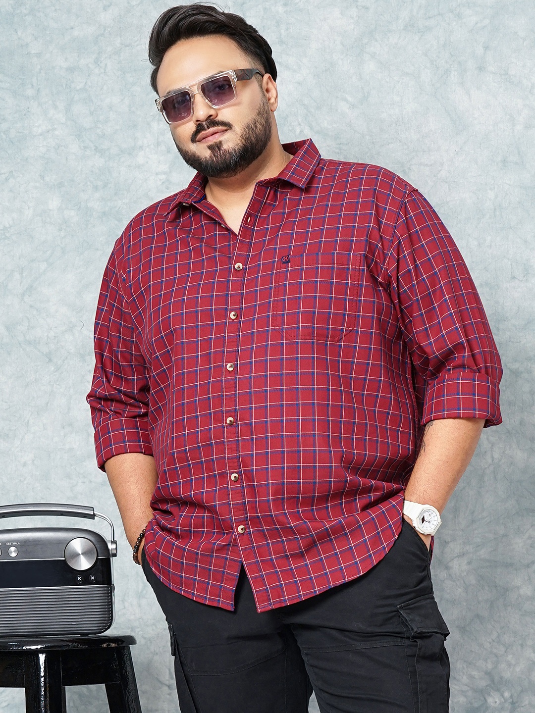 

Hardsoda by The Indian Garage CoPlus Size Checked Spread Collar Long Sleeves Casual Shirt, Red