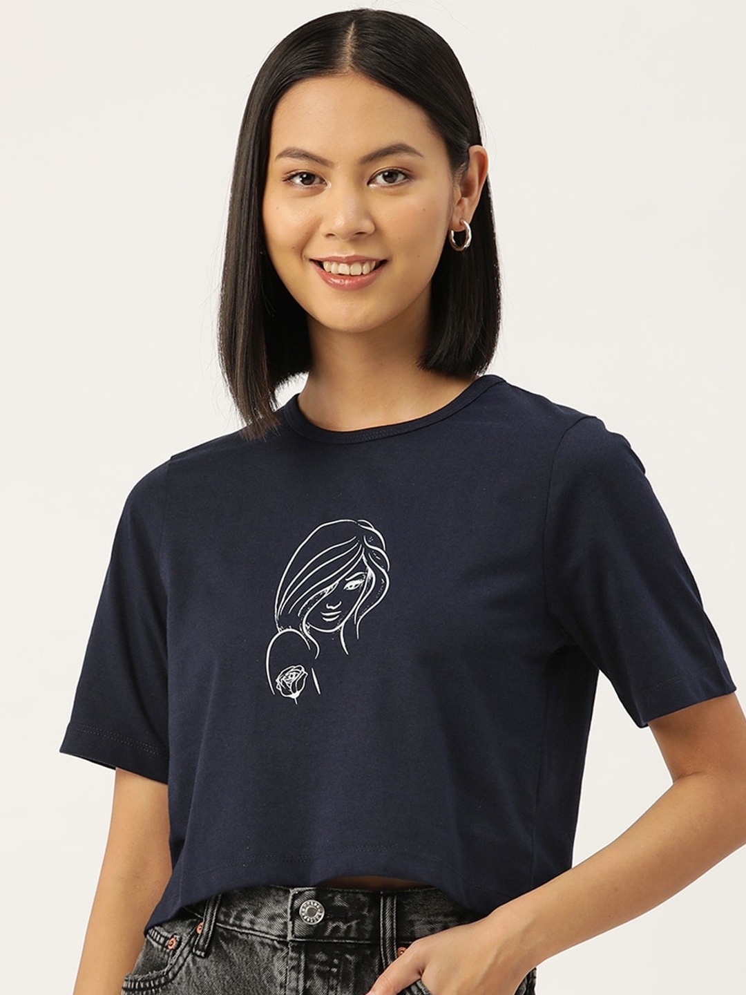 

Slenor Women Graphic Printed Round Neck Pure Cotton T-shirt, Navy blue