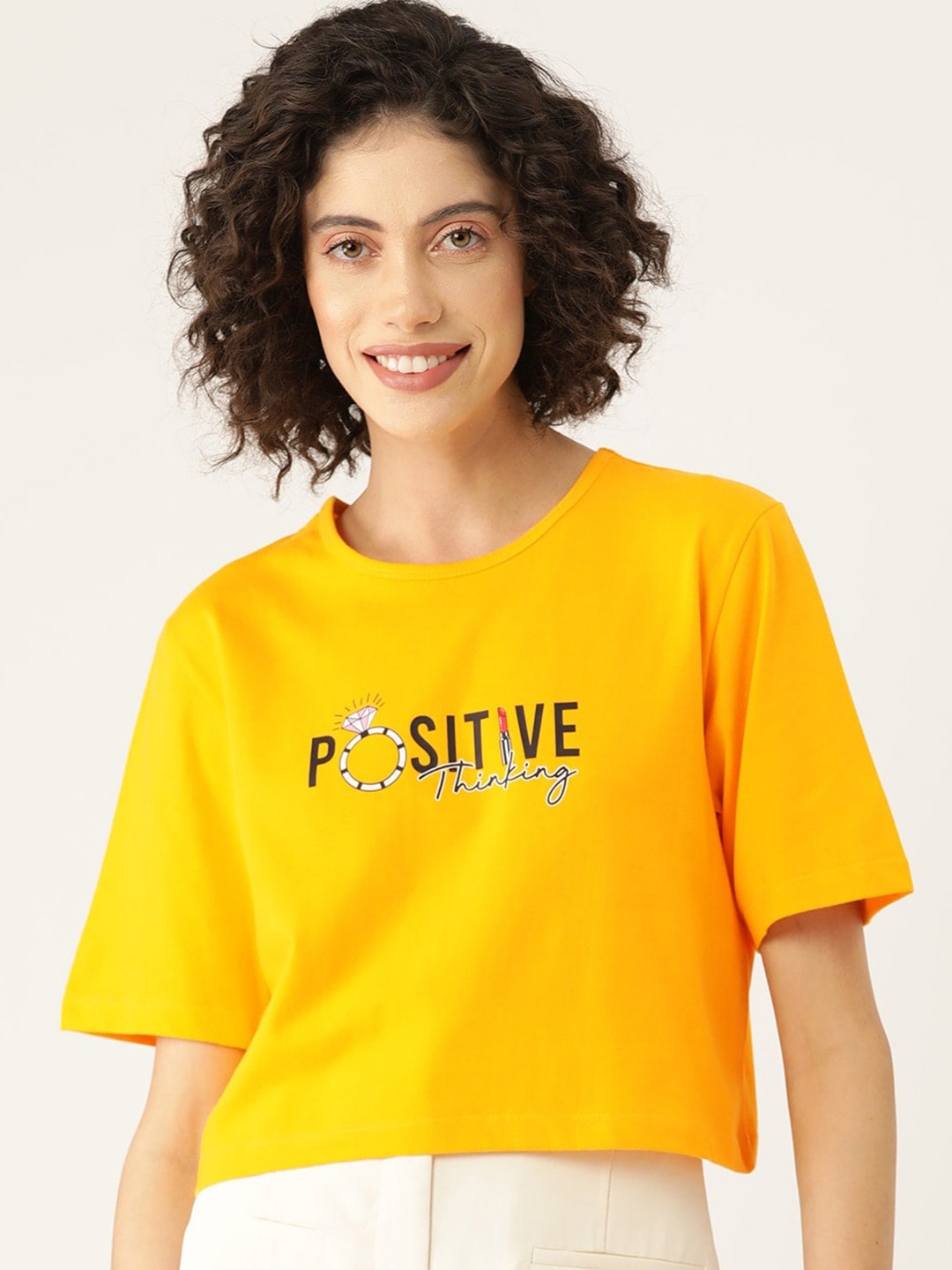 Slenor Women Typography Printed Round Neck Pure Cotton Crop T-shirt, Yellow