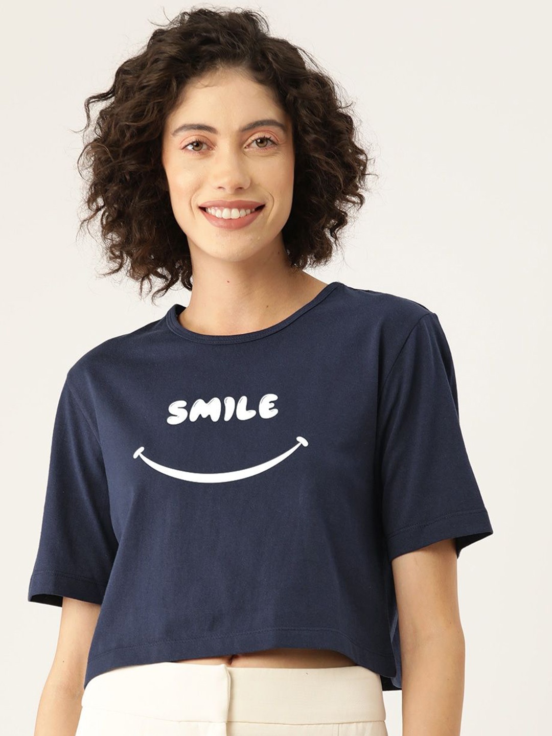 Slenor Women Typography Printed Round Neck Pure Cotton T-shirt, Navy blue