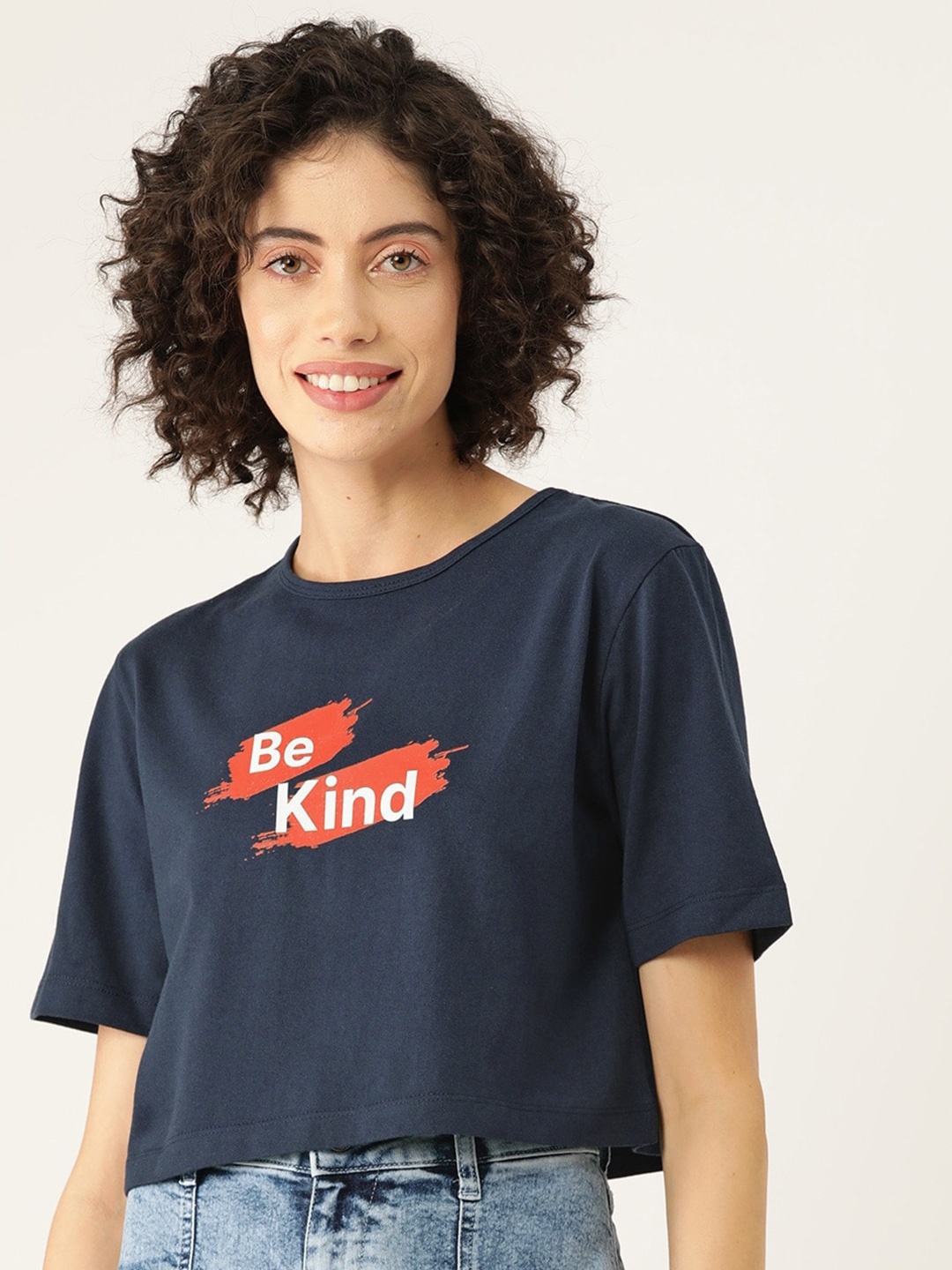 

Slenor Women Typography Printed Pure Cotton T-shirt, Navy blue