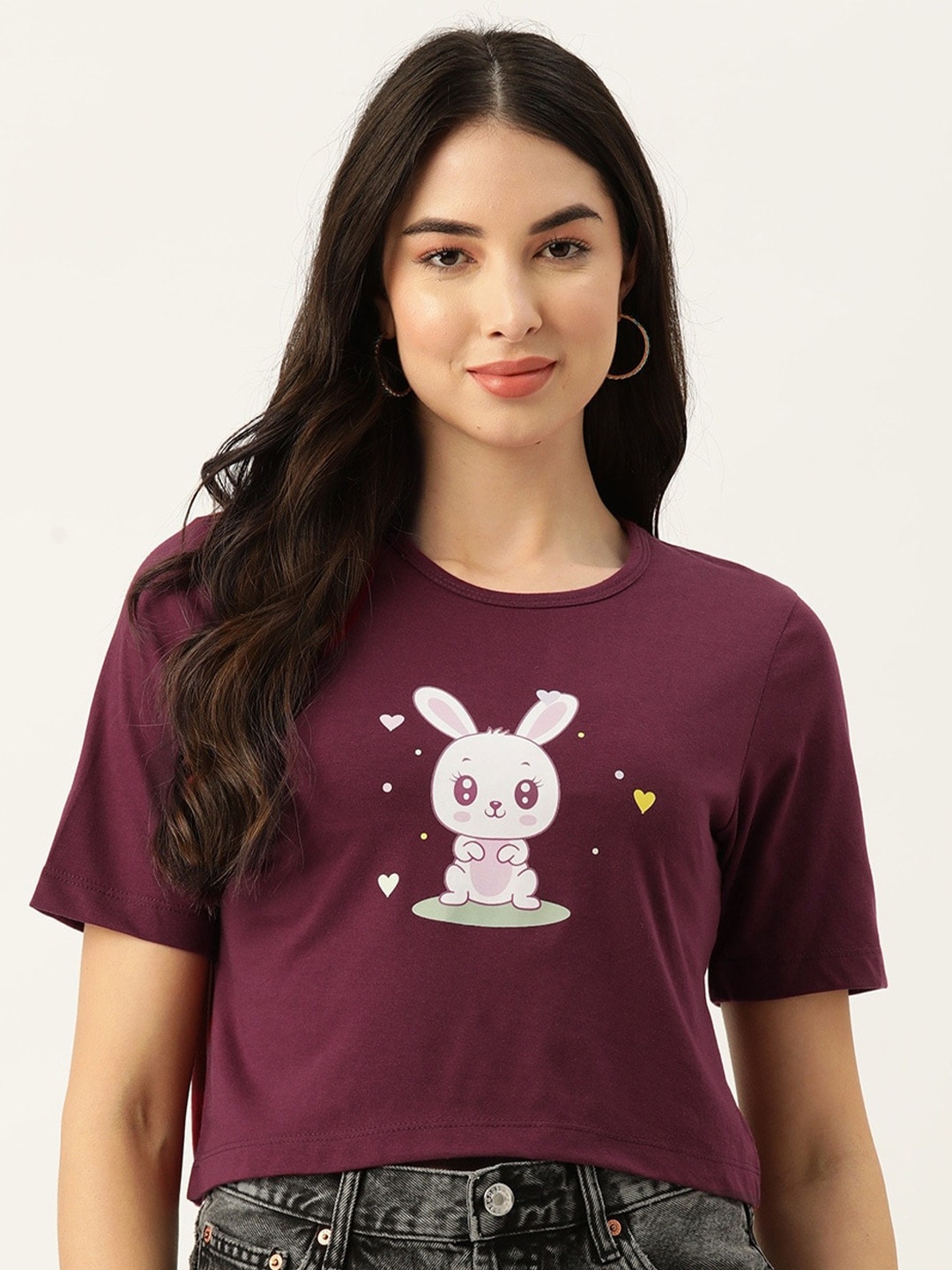 

Slenor Women Printed Round Neck Pure Cotton T-shirt, Maroon