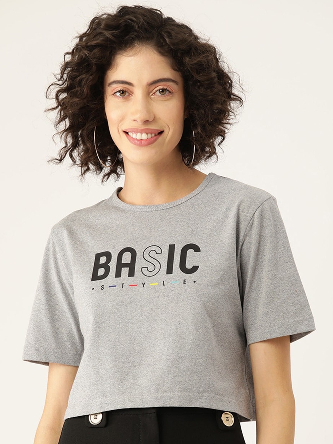 

Slenor Women Typography Printed Pure Cotton Crop T-shirt, Grey melange