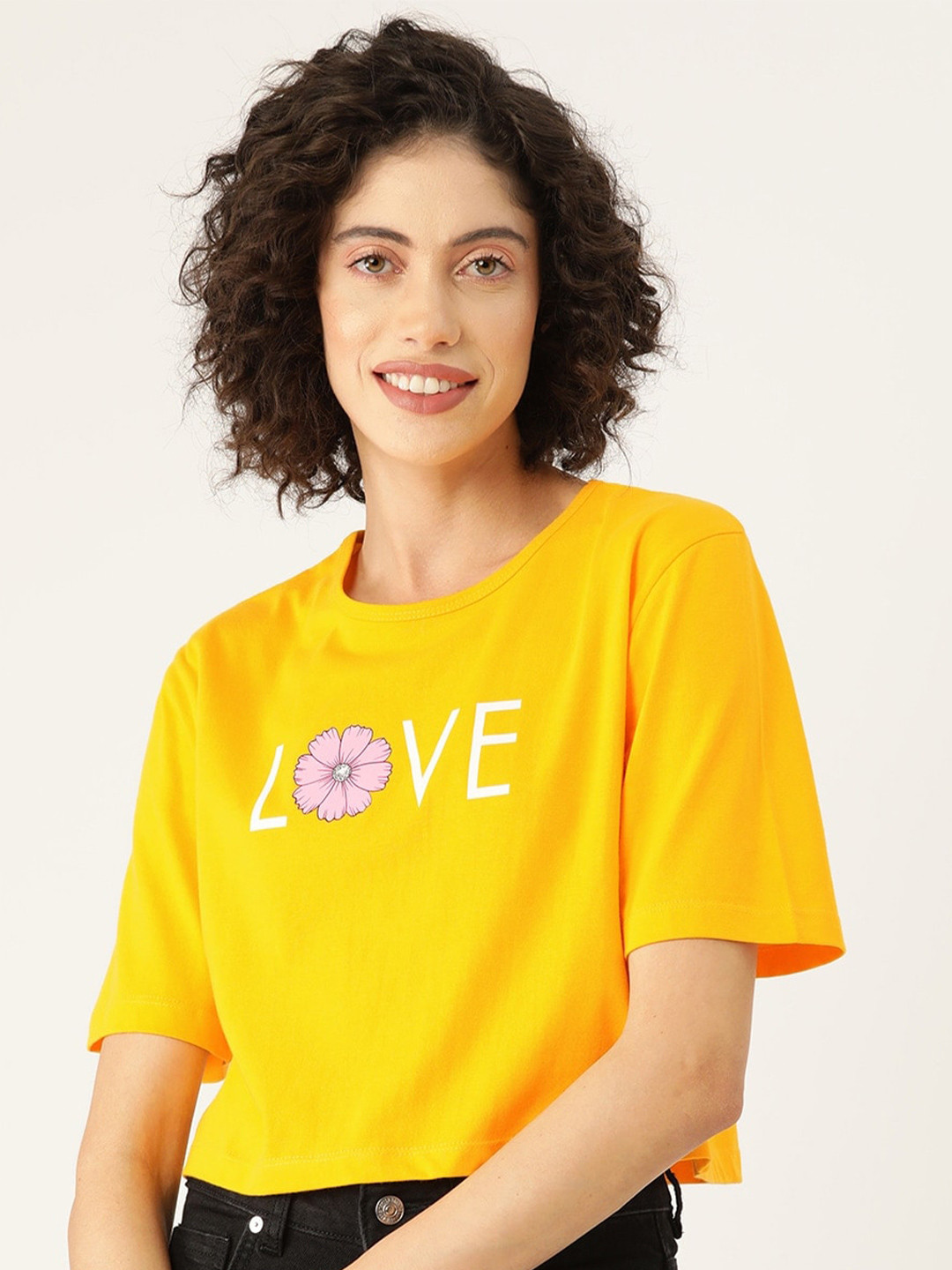 

Slenor Women Typography Printed Pure Cotton Crop T-shirt, Yellow