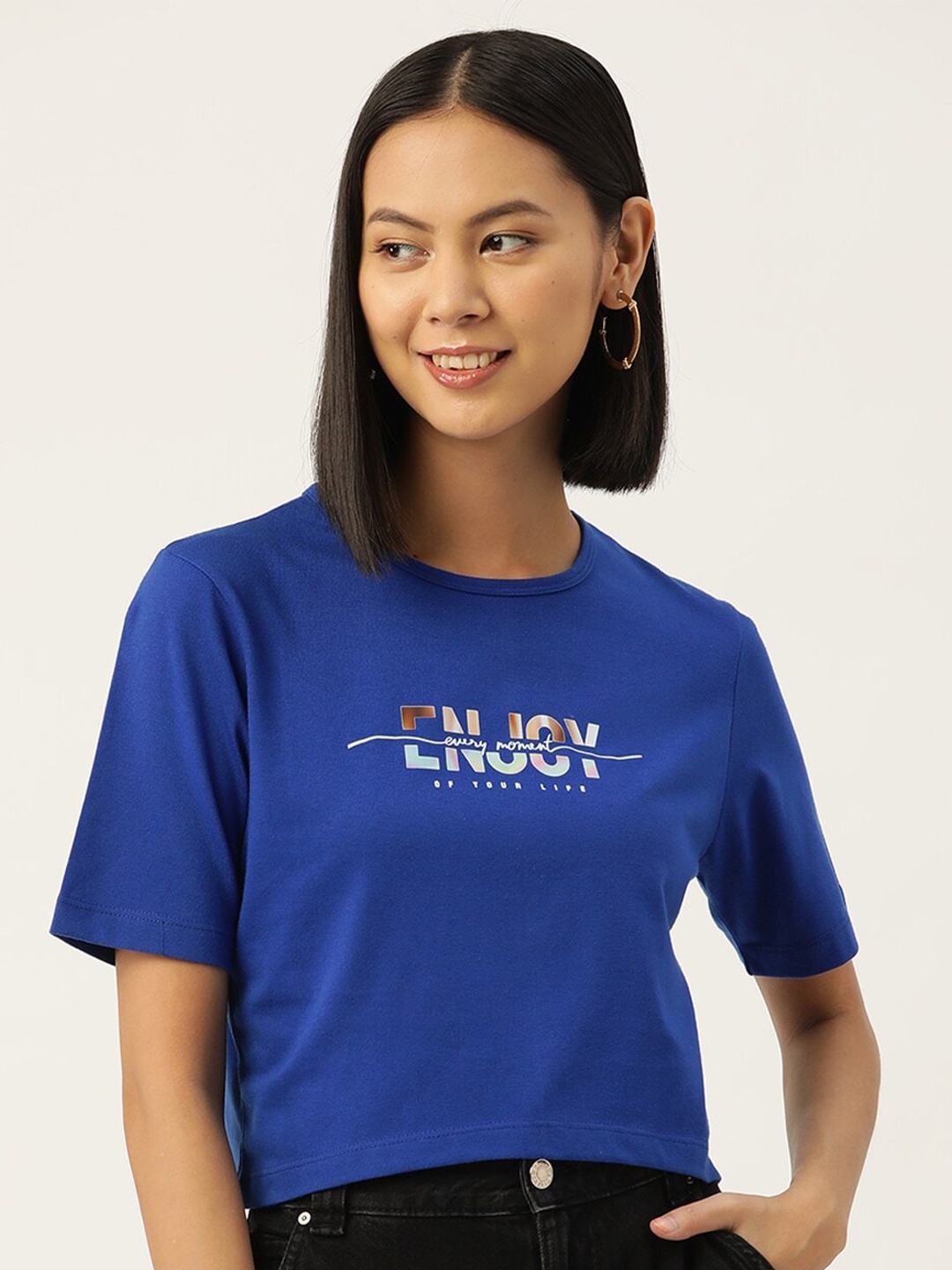 

Slenor Women Typography Printed Pure Cotton T-shirt, Blue