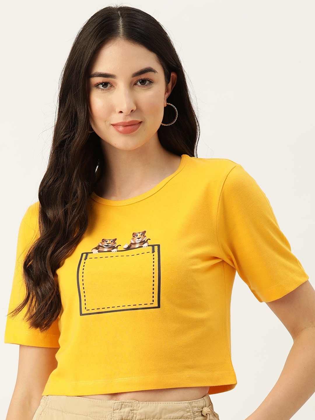 

Slenor Graphic Printed Round Neck Pure Cotton Crop T-shirt, Yellow