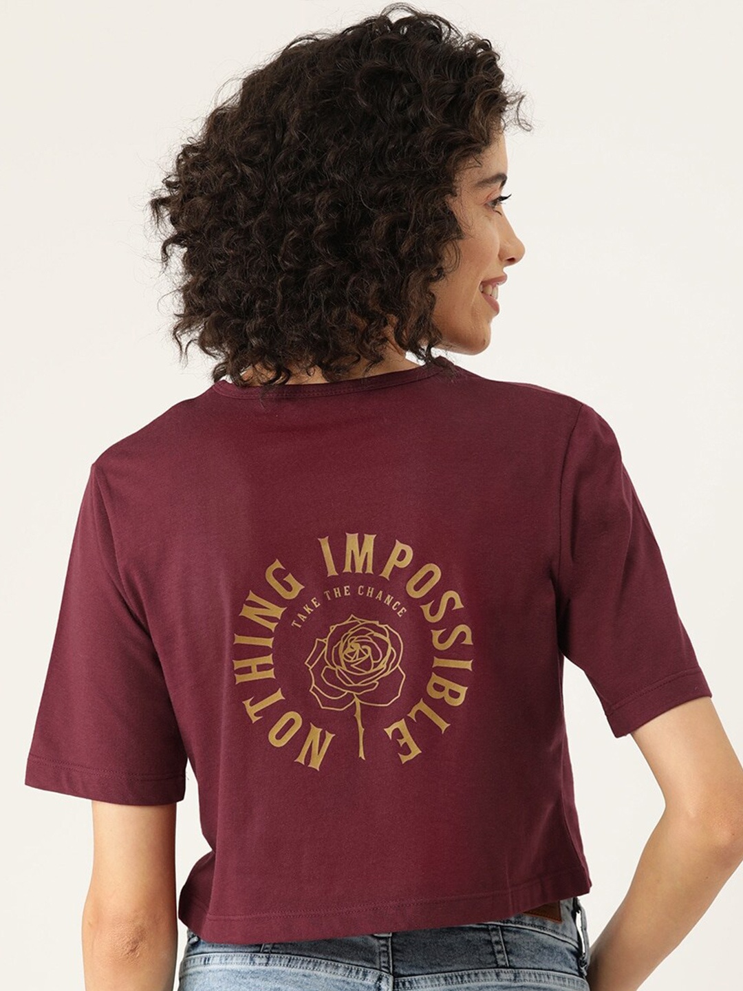 

Slenor Typography Printed Round Neck Pure Cotton Crop T-shirt, Maroon