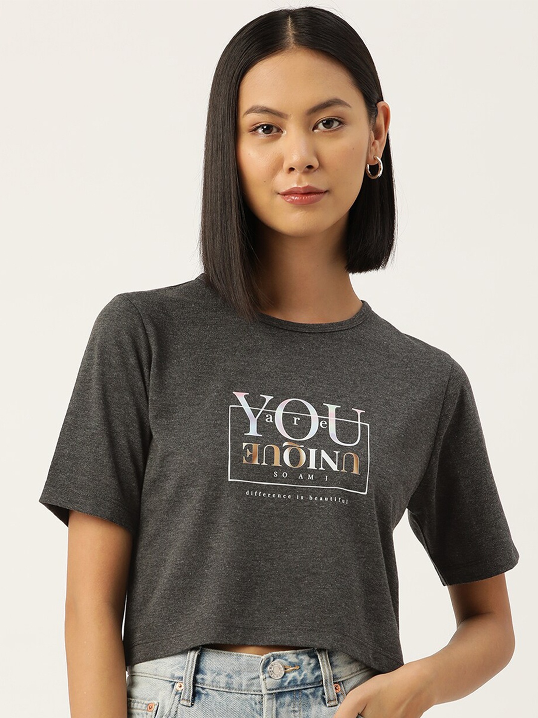 

Slenor Women Typography Printed Pure Cotton T-shirt, Grey melange