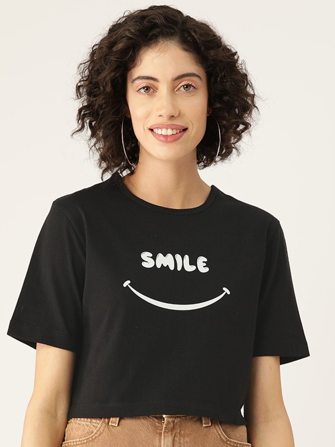 Slenor Typography Printed Round Neck Pure Cotton Crop T-shirt, Black