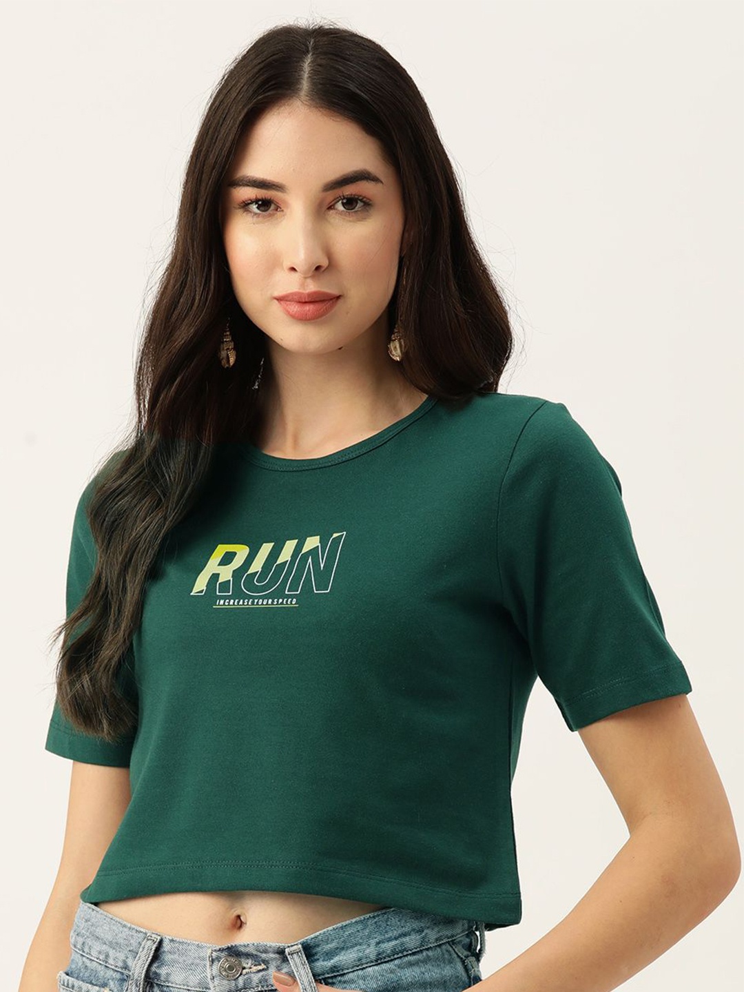 

Slenor Women Typography Printed Round Neck Pure Cotton T-shirt, Green