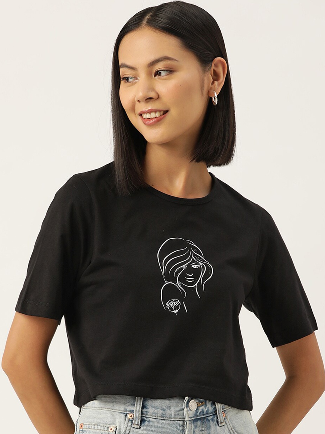 

Slenor Graphic Printed Pure Cotton Crop Top, Black