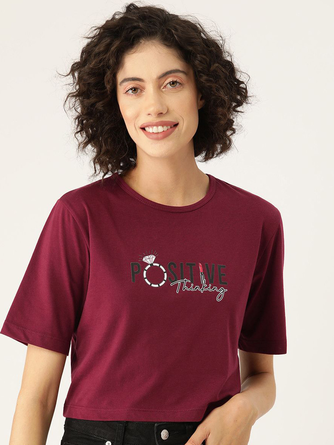 

Slenor Typography Printed Round Neck Pure Cotton Crop T-shirt, Maroon