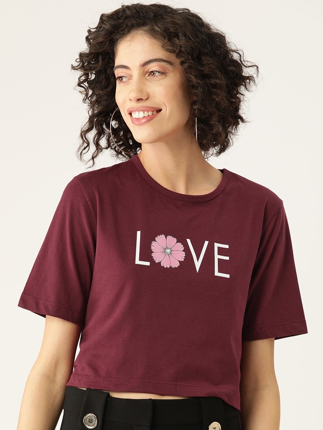 

Slenor Women Typography Printed Pure Cotton Crop T-shirt, Maroon