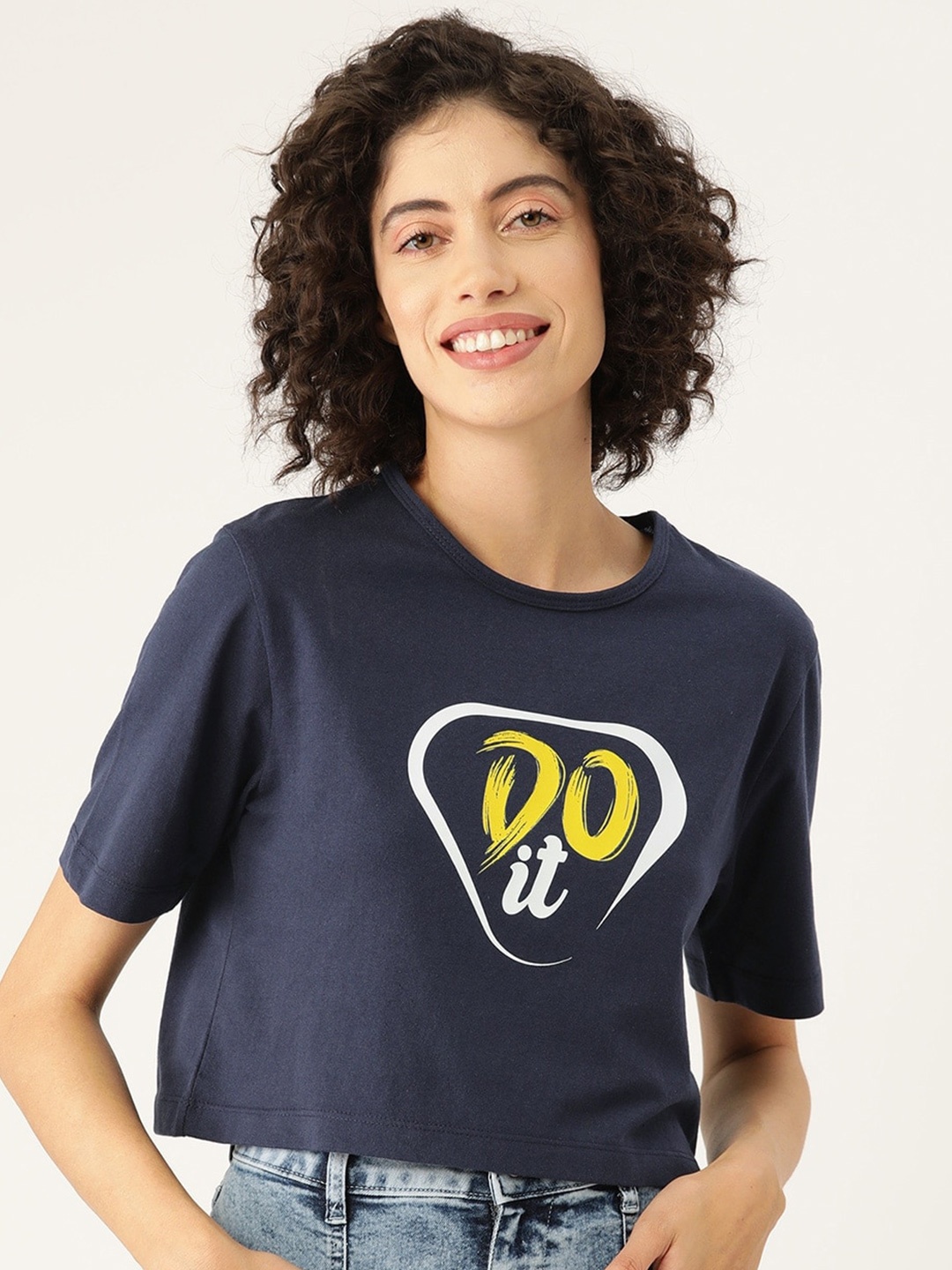 

Slenor Women Typography Printed Pure Cotton T-shirt, Navy blue