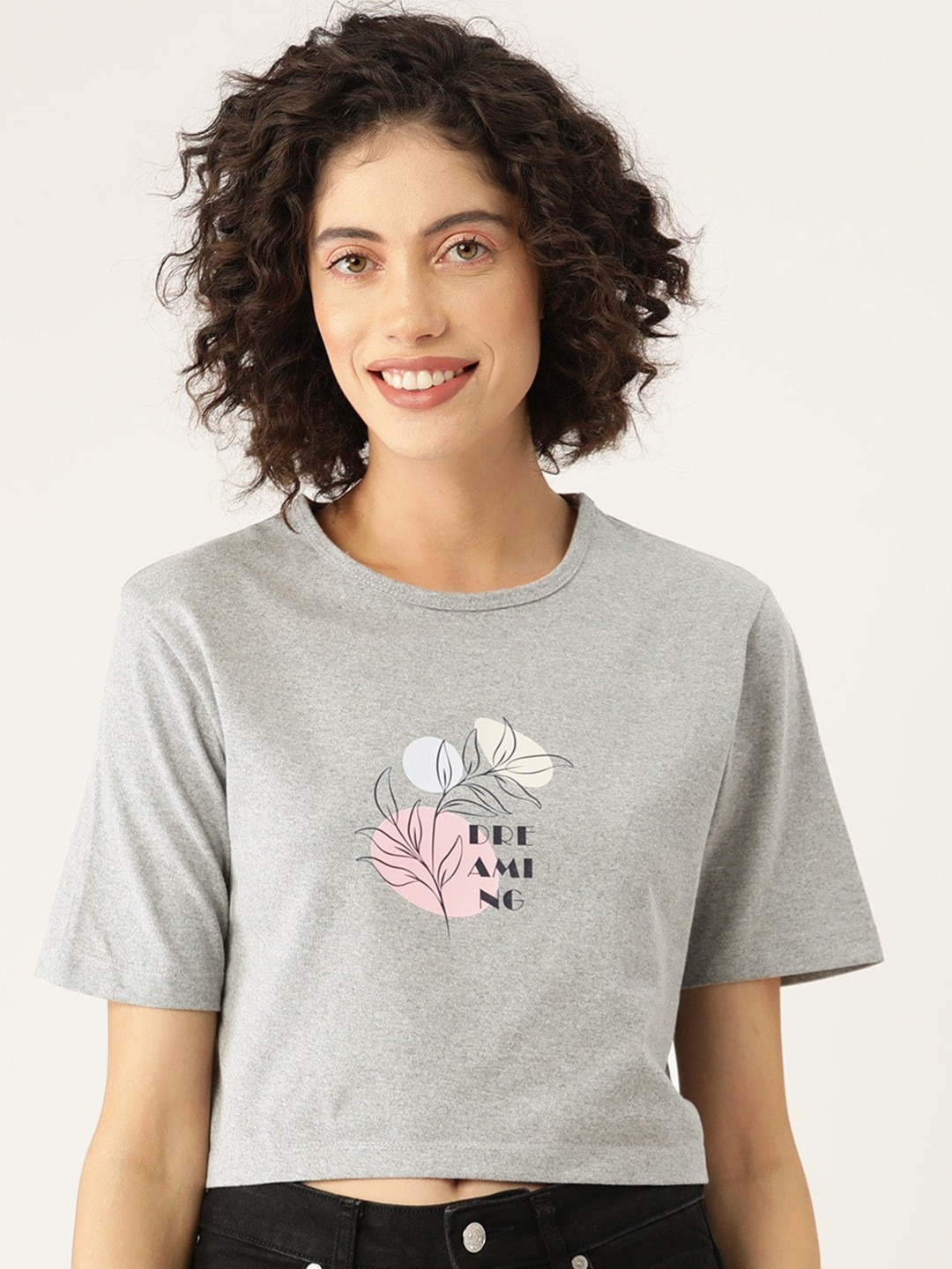 

Slenor Women Printed Round Neck Pure Cotton T-shirt, Grey melange