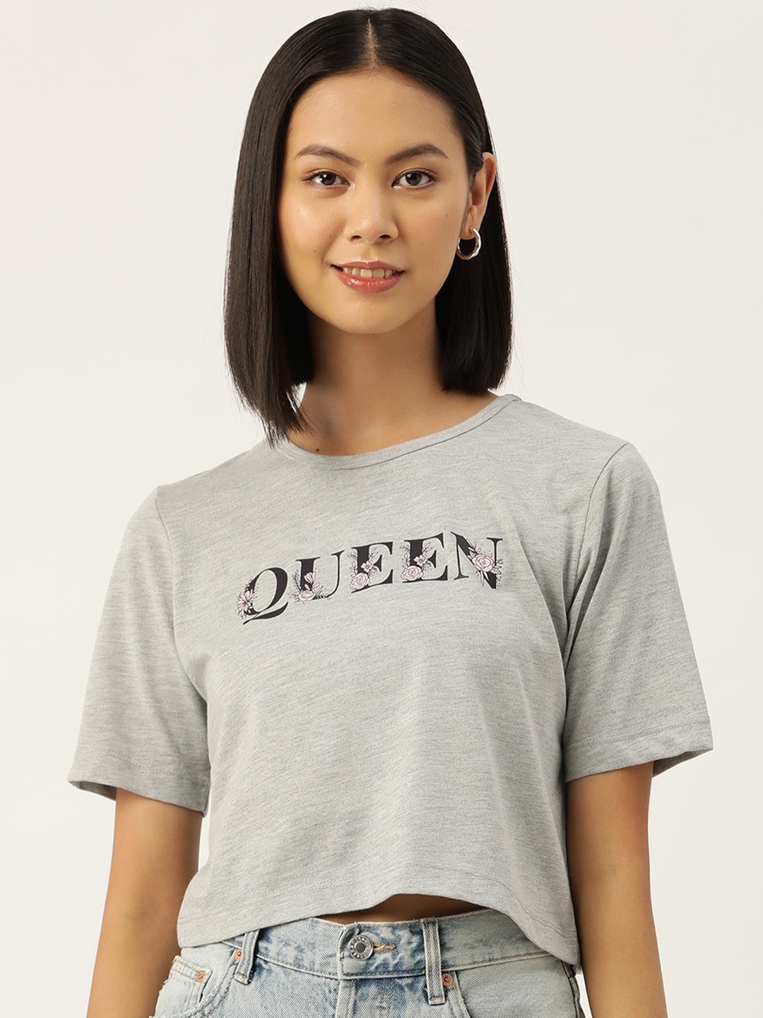 

Slenor Women Typography Printed Regular Fit Pure Cotton T-shirt, Grey melange