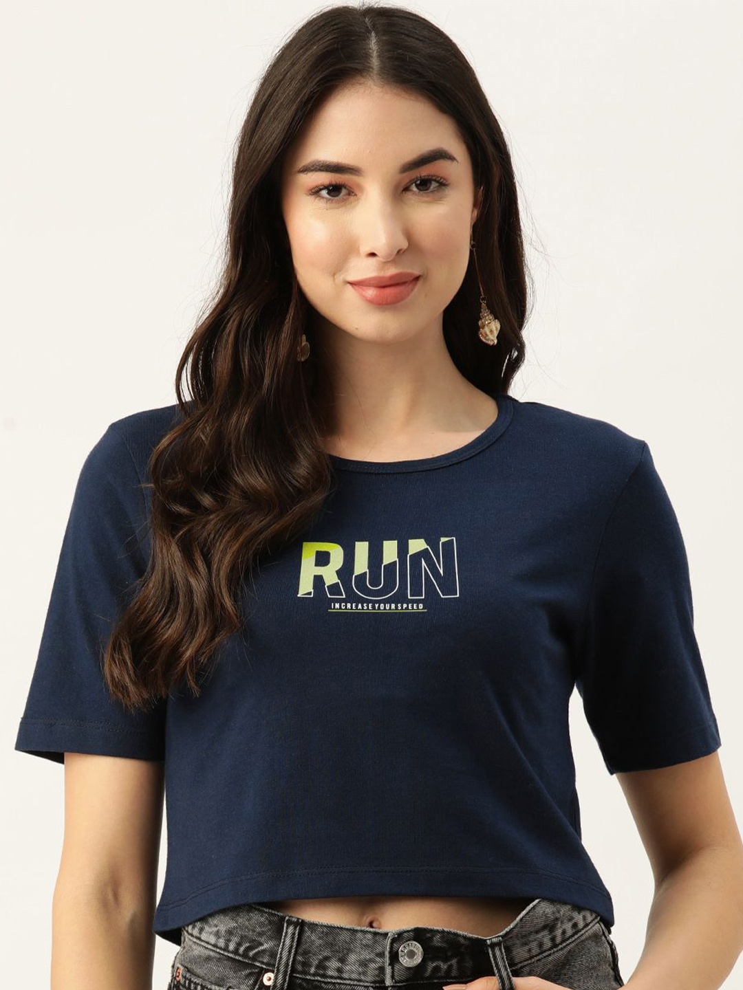Slenor Women Typography Printed Round Neck Pure Cotton T-shirt, Navy blue