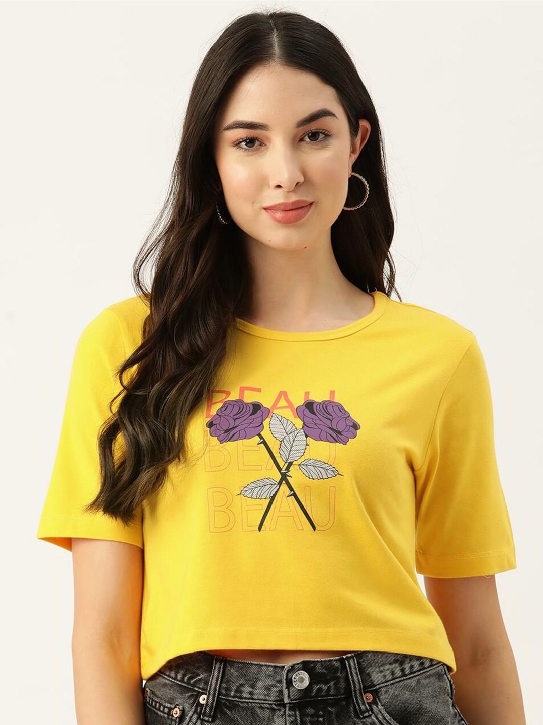Slenor Women Printed Short Sleeves Pure Cotton T-shirt, Yellow