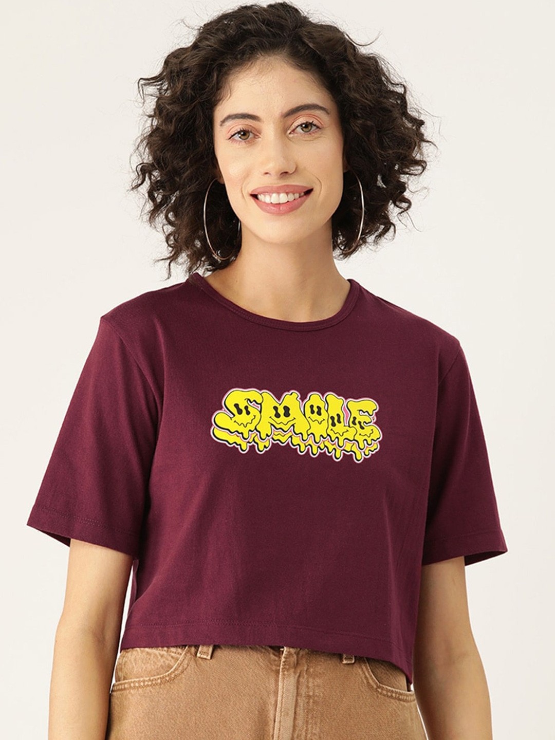 

Slenor Women Printed Round Neck Pure Cotton T-shirt, Maroon
