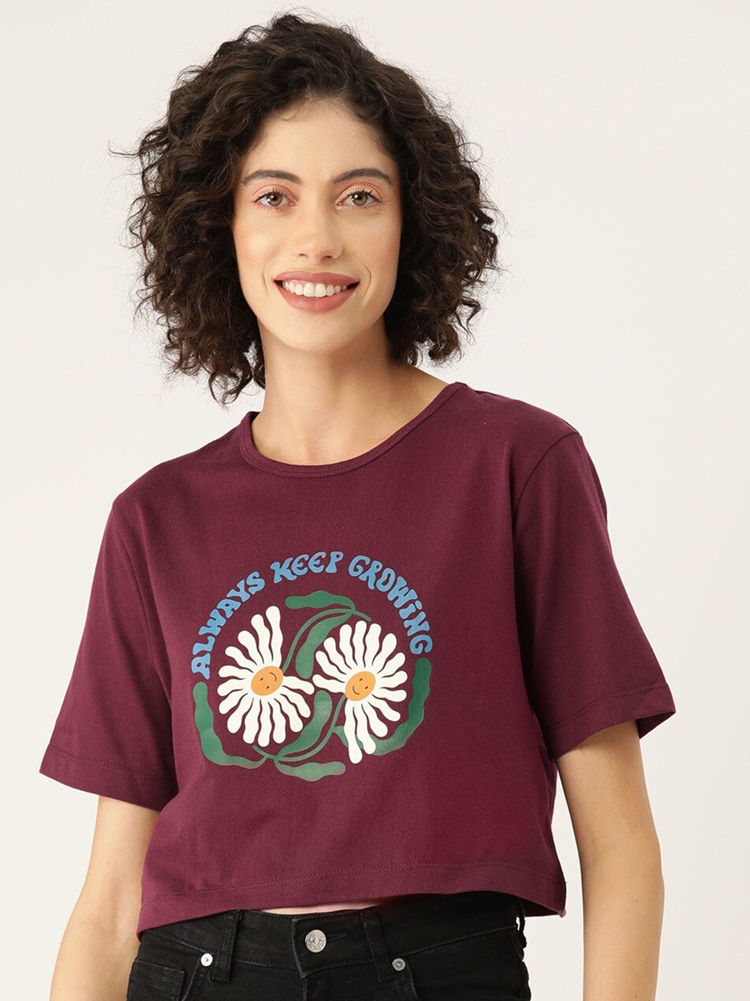 

Slenor Women Printed Round Neck Pure Cotton T-shirt, Maroon