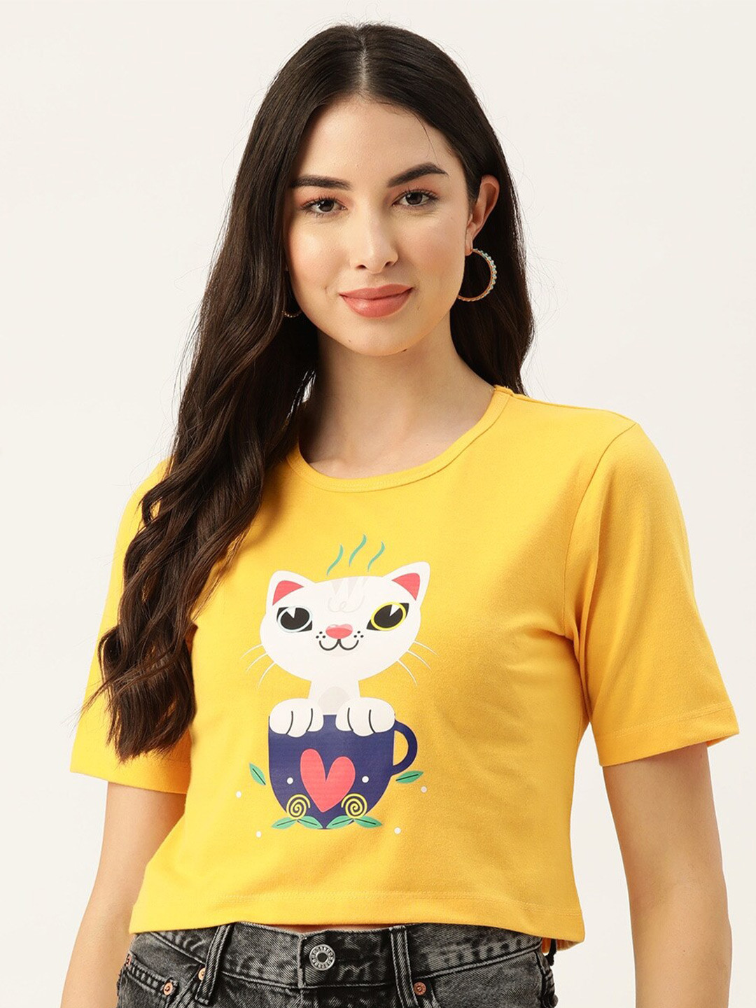 

Slenor Cartoon Printed Pure Cotton Crop T-shirt, Yellow