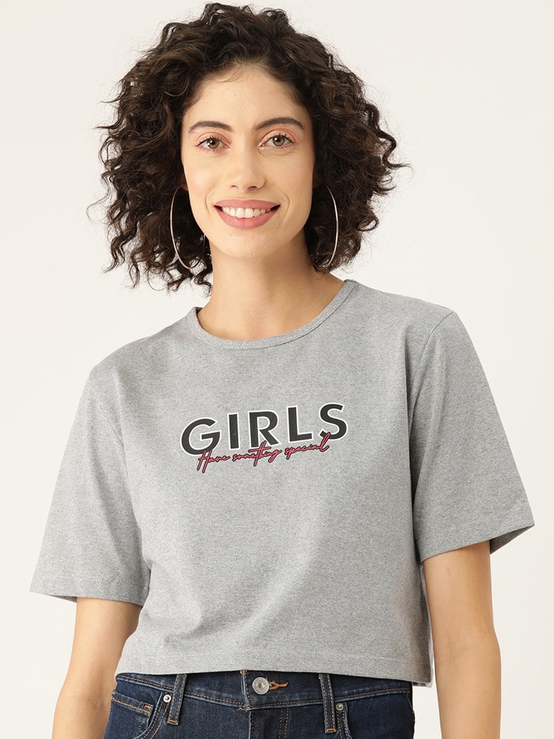 

Slenor Women Typography Printed Pure Cotton T-shirt, Grey melange