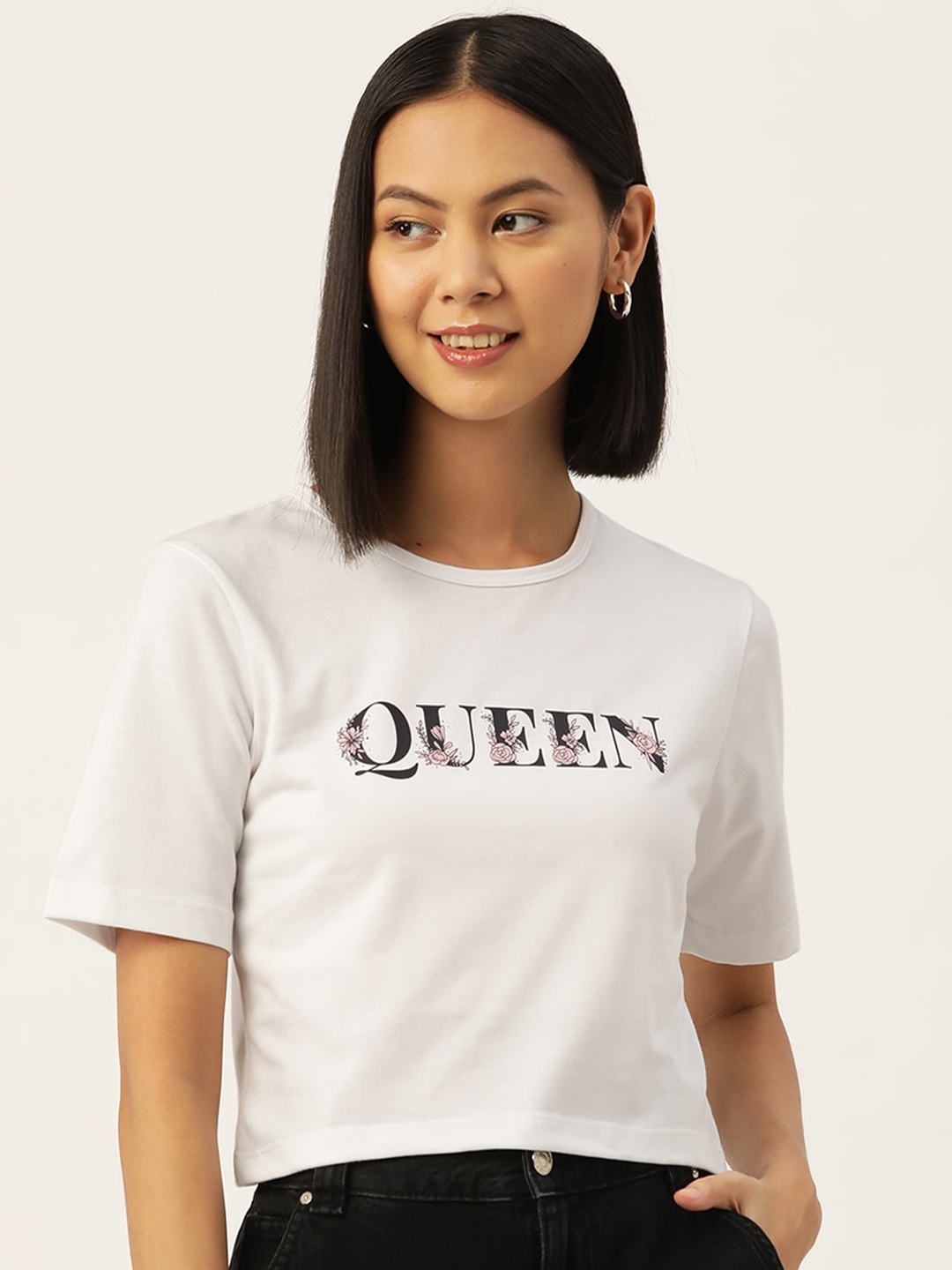 

Slenor Women Typography Printed Pure Cotton Round Neck T-shirt, White