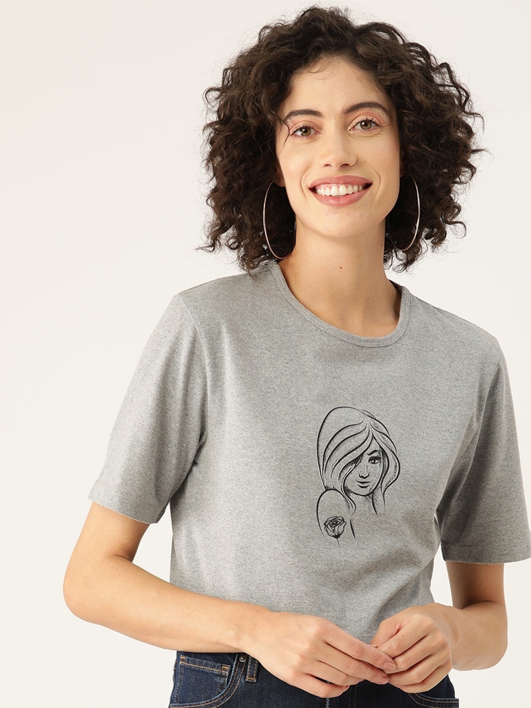

Slenor Graphic Printed Round Neck Pure Cotton Crop T-shirt, Grey melange