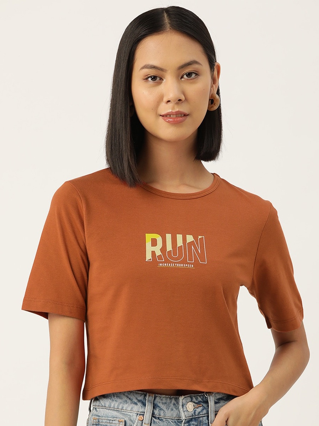 

Slenor Women Typography Printed Pure Cotton Round Neck T-shirt, Orange