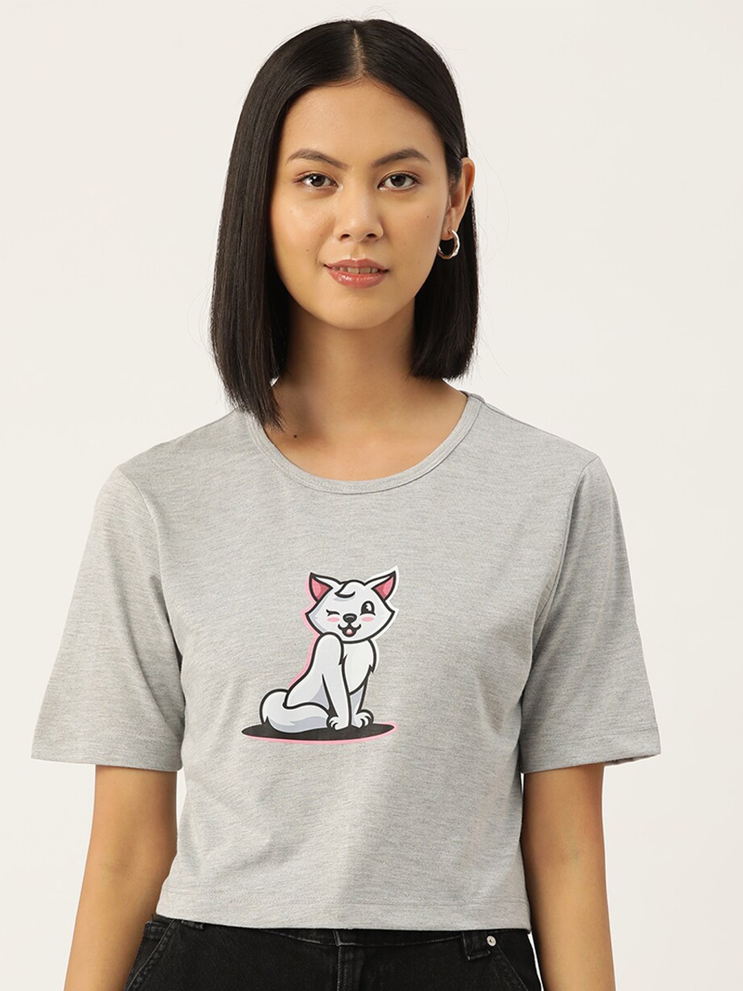 

Slenor Women Printed Round Neck Pure Cotton T-shirt, Grey melange