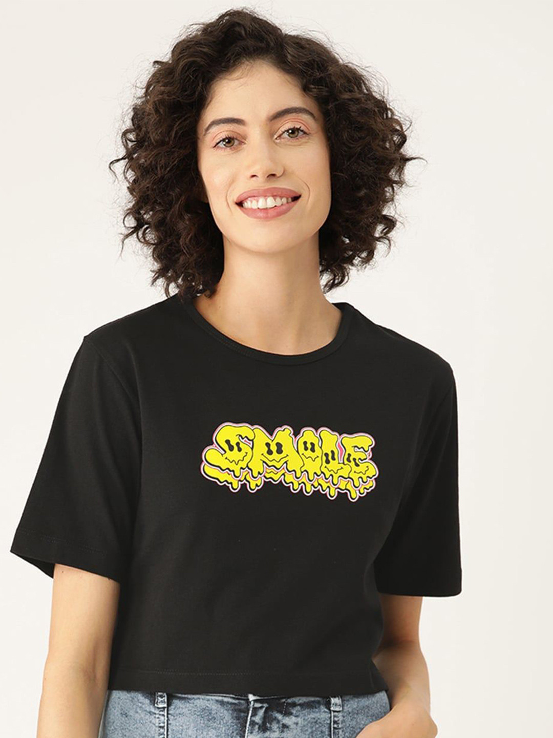 

Slenor Women Round Neck Pure Cotton Printed T-shirt, Black