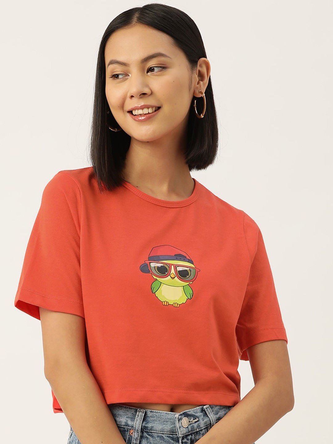 

Slenor Women Round Neck Pure Cotton Printed T-shirt, Orange
