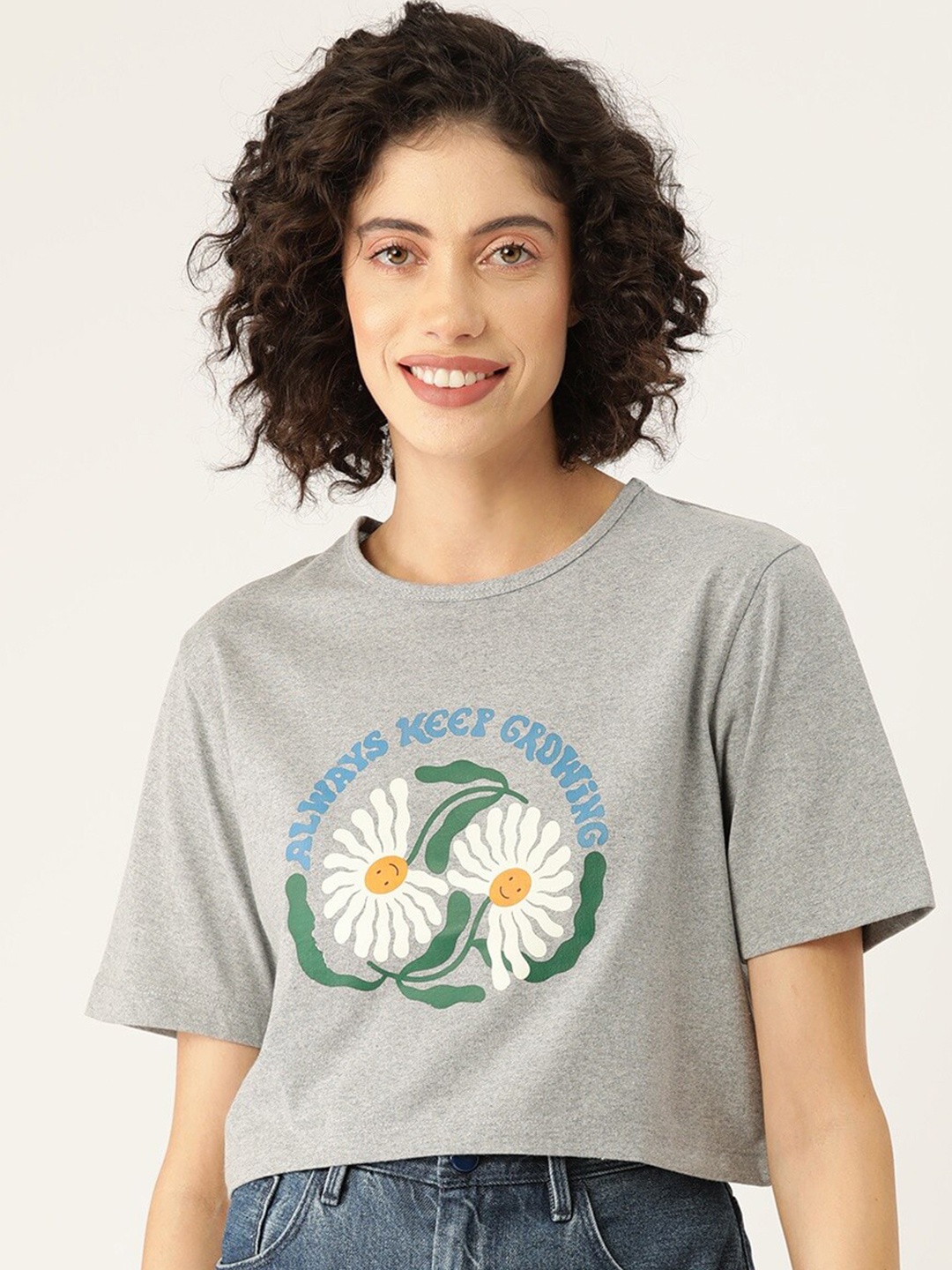 

Slenor Women Printed Pure Cotton Round Neck T-shirt, Grey melange