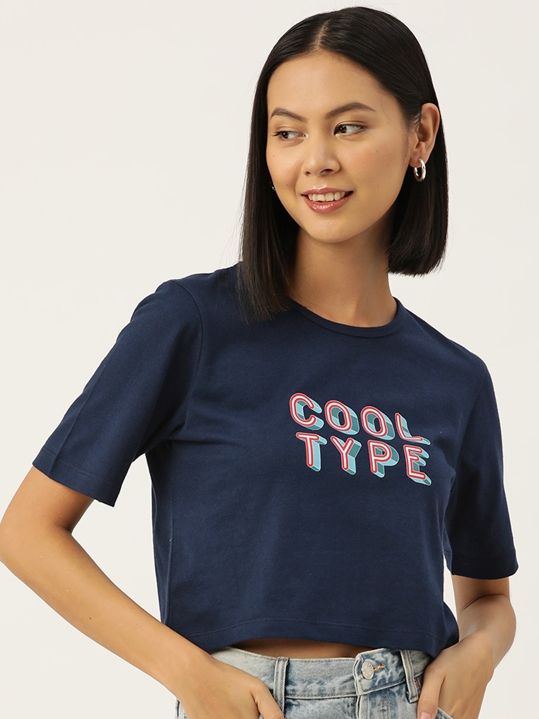 

Slenor Women Typography Printed Pure Cotton T-shirt, Navy blue