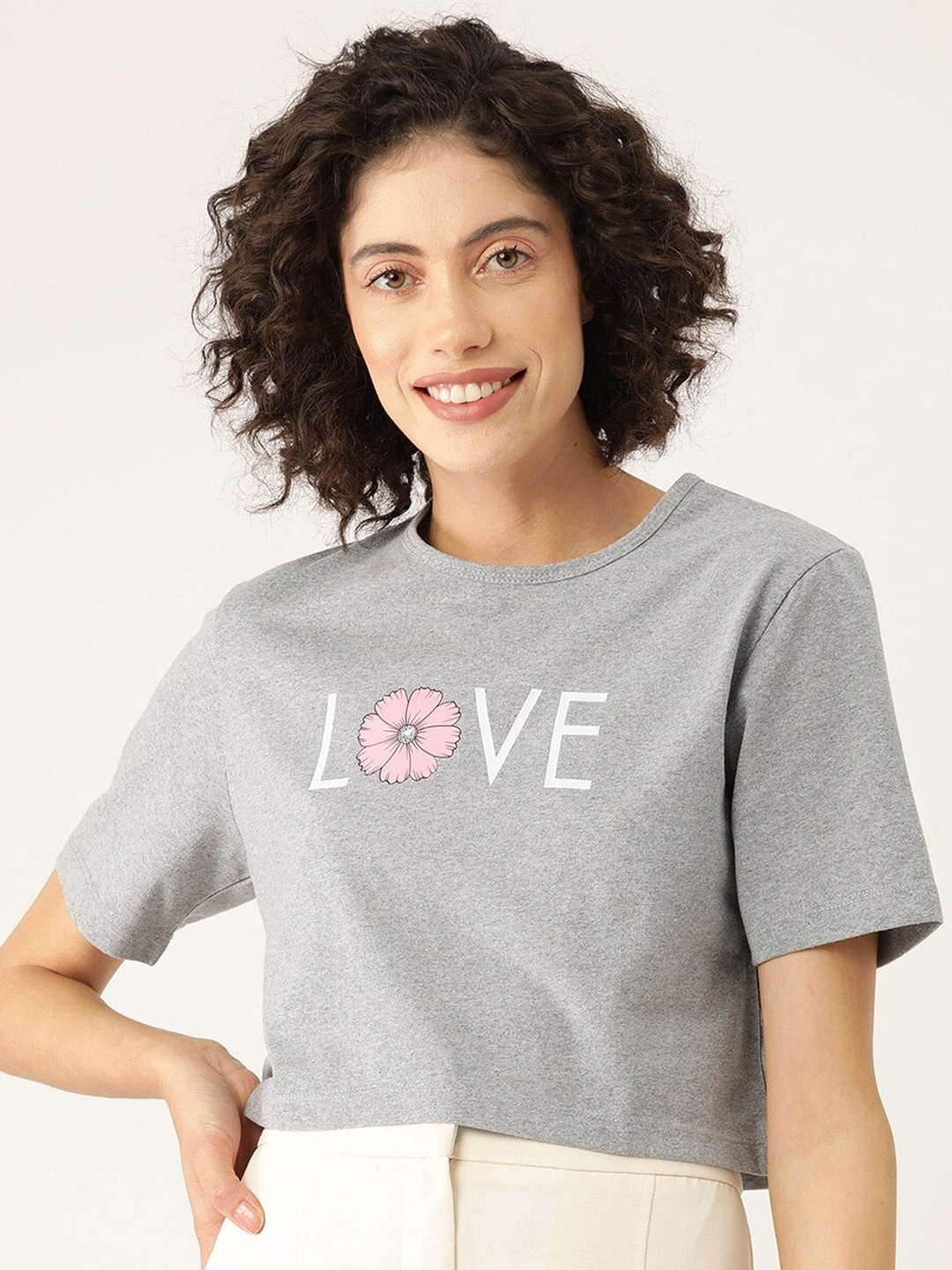 

Slenor Women Printed Round Neck Pure Cotton T-shirt, Grey melange
