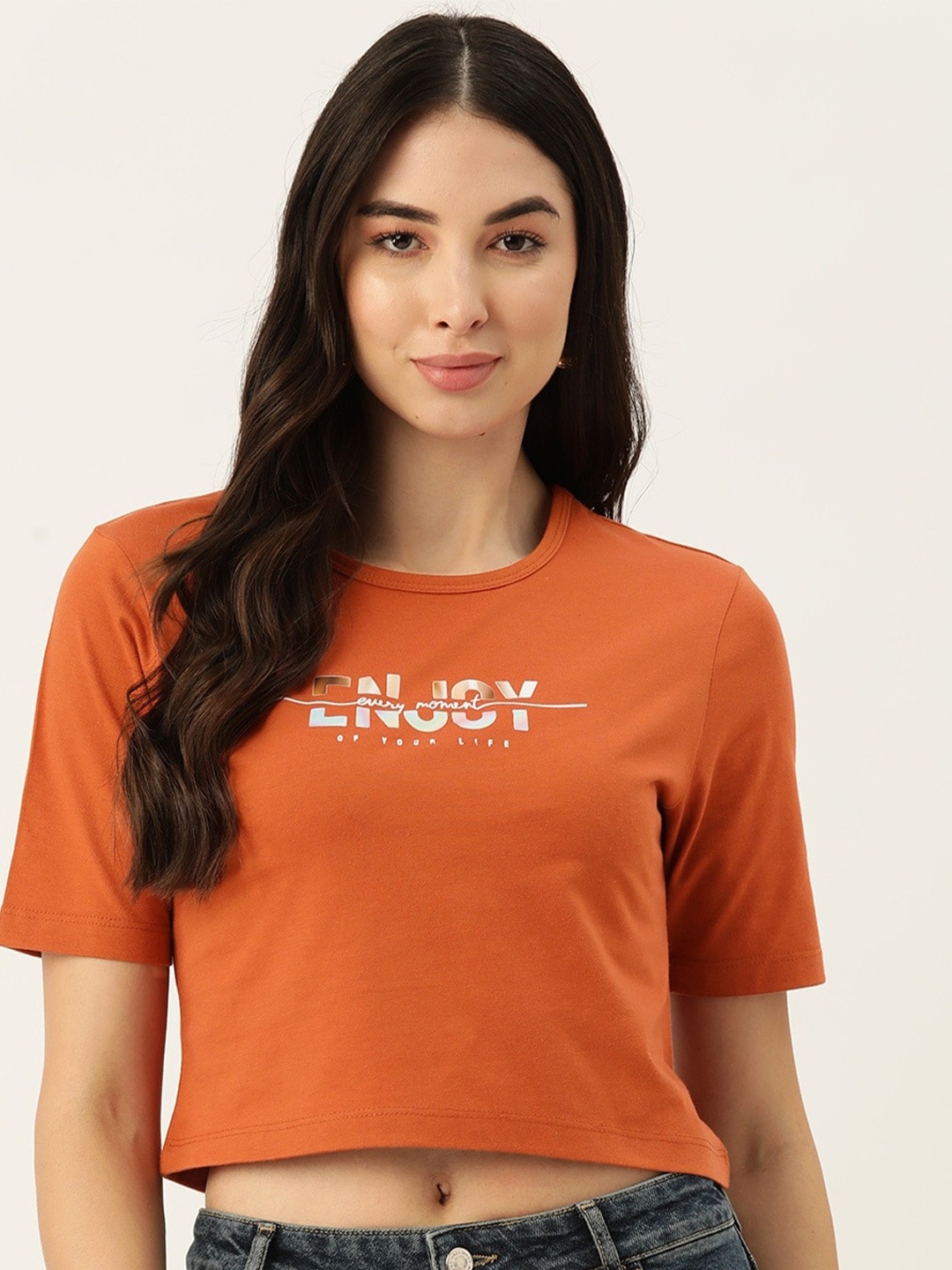 

Slenor Women Typography Printed Pure Cotton T-shirt, Orange