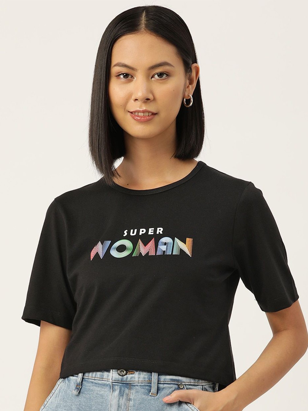 

Slenor Women Typography Printed Round Neck Pure Cotton T-shirt, Black