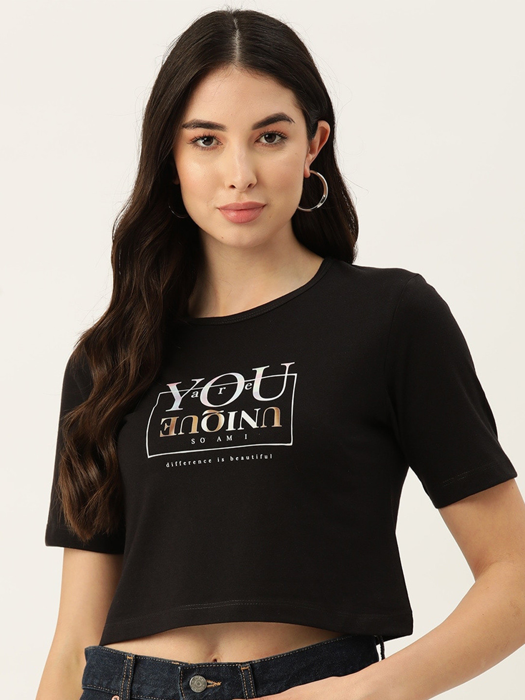 

Slenor Women Typography Printed Round Neck Pure Cotton T-shirt, Black