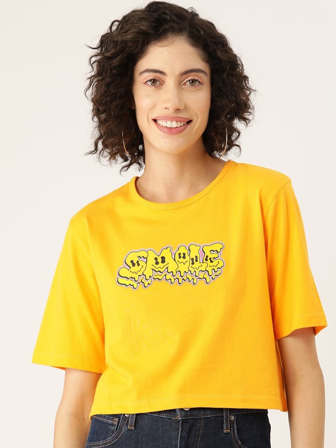 

Slenor Women Pure Cotton Graphic Printed T-shirt, Yellow